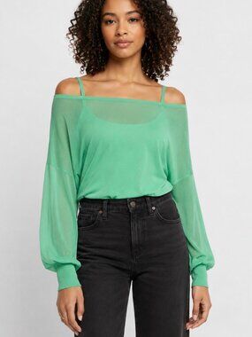 Express Sheer Off The Shoulder Dolman Sleeve Cropped Sweater Green Large